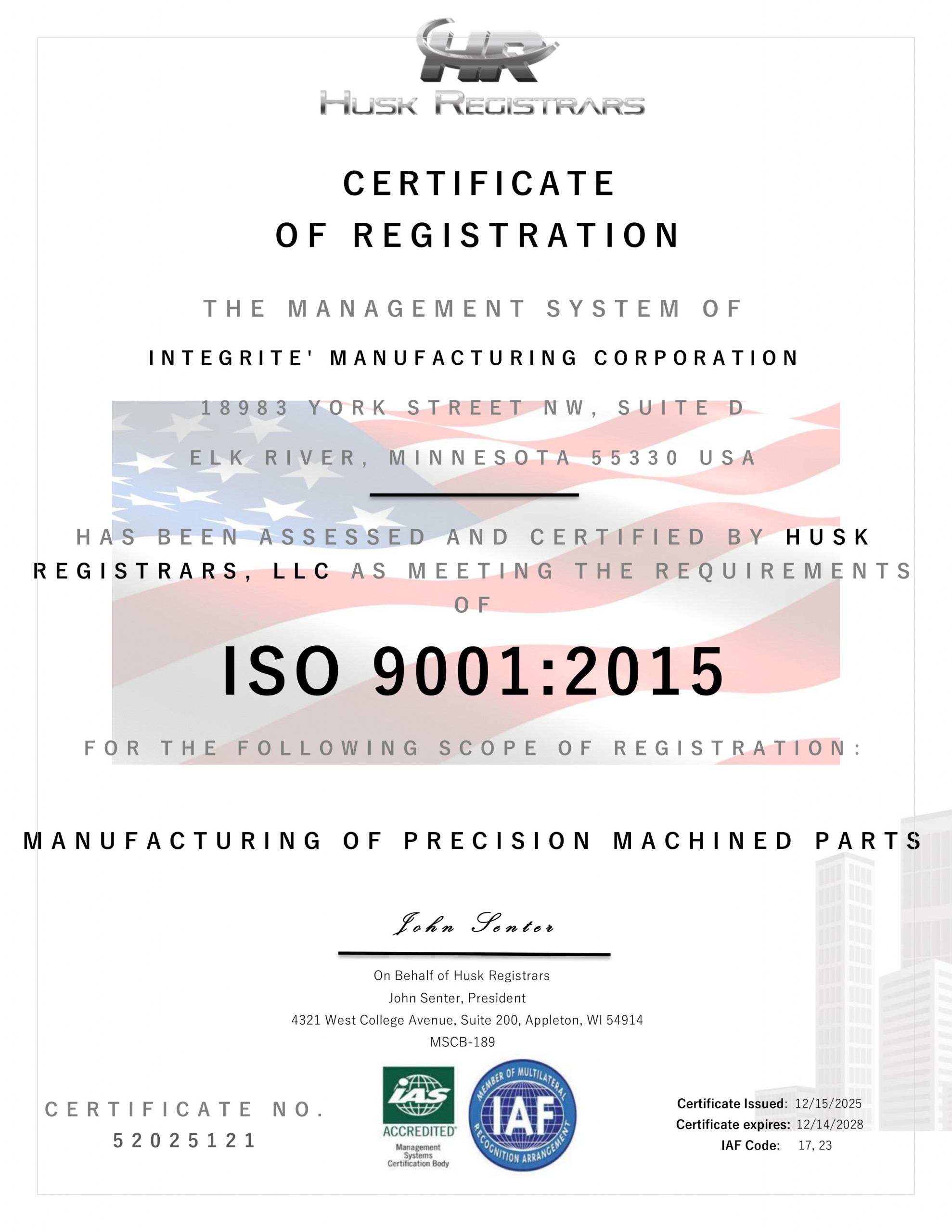 Integrite Manufacturing Corporation ISO 9001-2015 Certificate